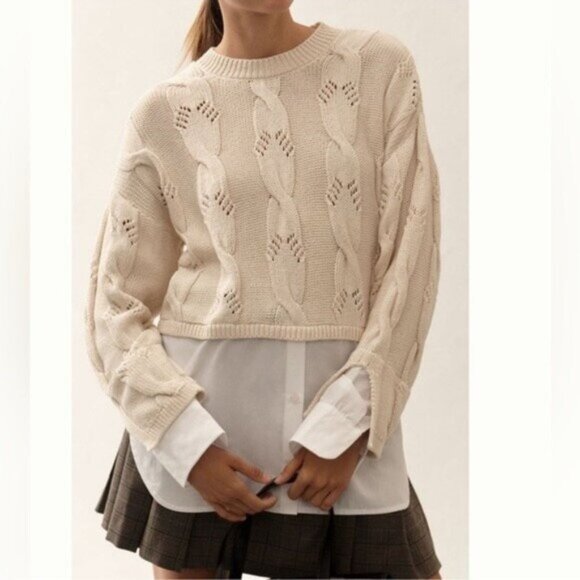 NWT Size XS (P2P 20.5") -Anthropologie 100% cotton cable knit twofer Sweater - Picture 3 of 8
